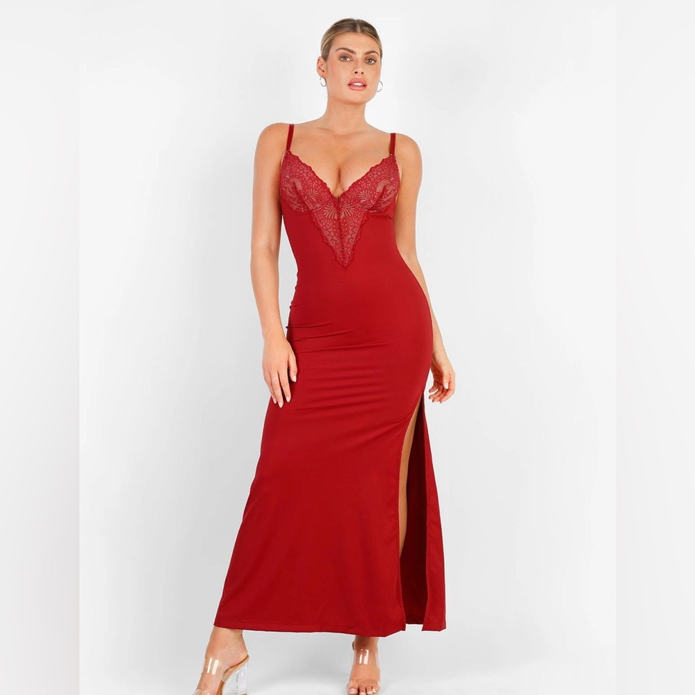Popilush Shapewear Lace V Neck Side Slit Slimming Maxi Slip Dress sz XXL
